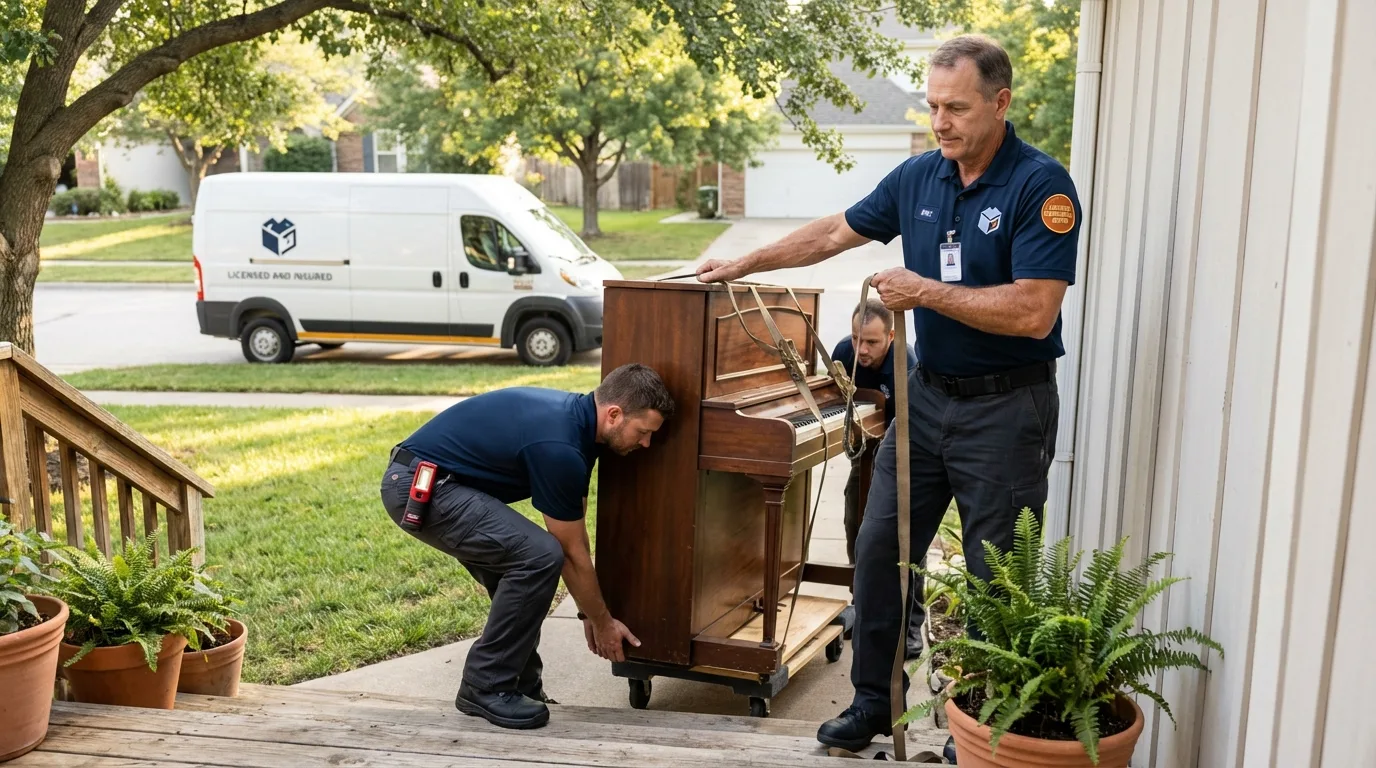 Licensed piano movers securing grand piano in Watsonville, CA