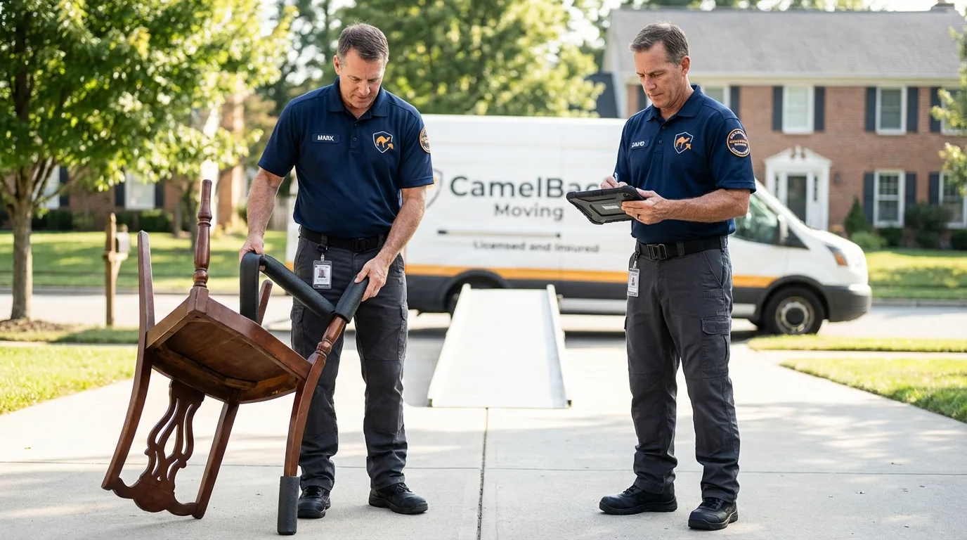 Movers inspecting furniture for damage prevention before loading in Watsonville, CA