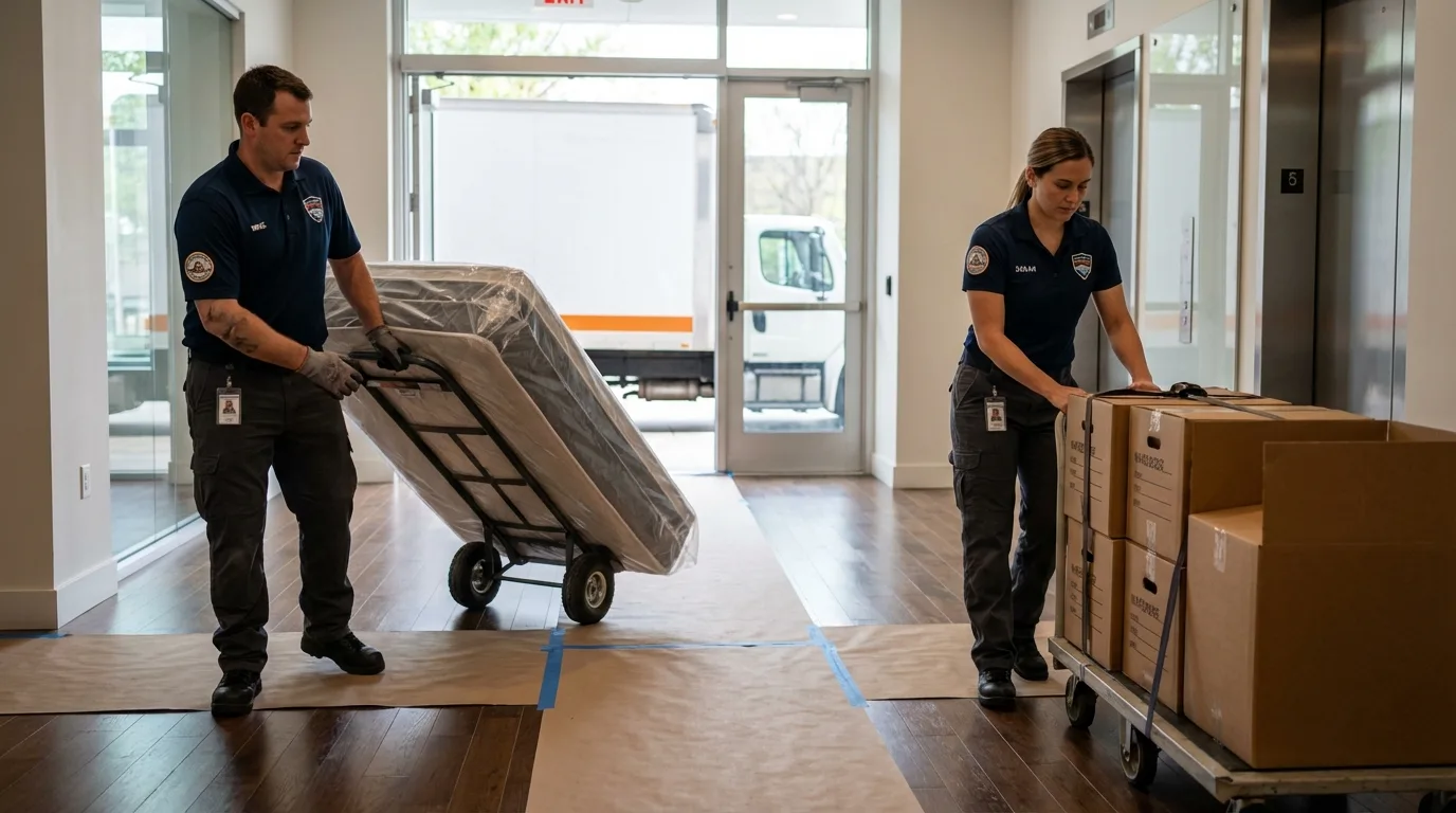 Professional apartment movers loading elevator in Watsonville, CA