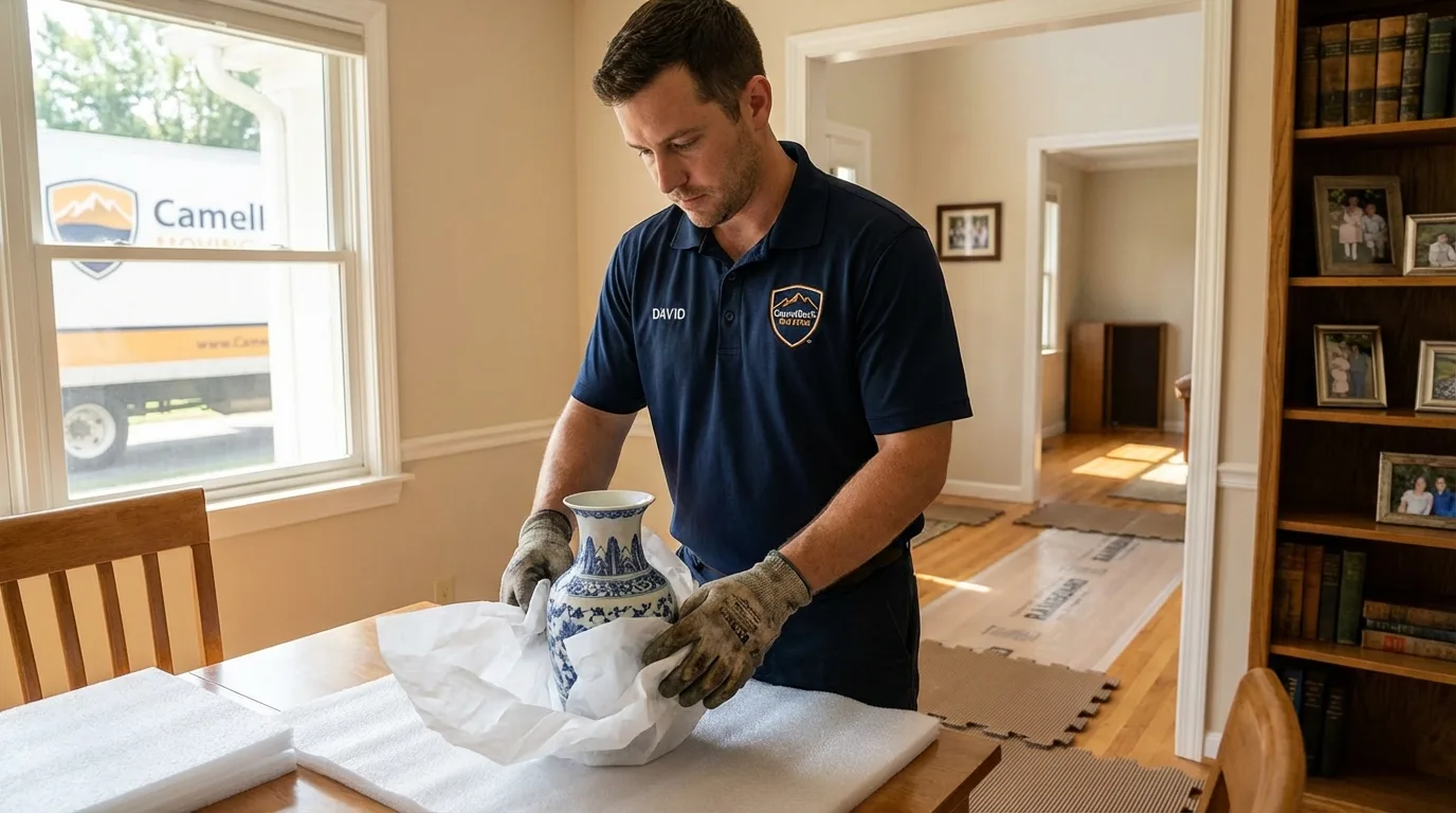 Professional crew carefully wrapping antique vase for senior downsizing move in Watsonville, CA